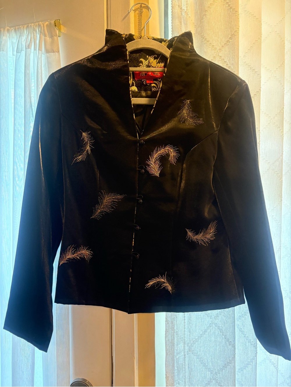 Womens Black Feather-Embroidered Jacket